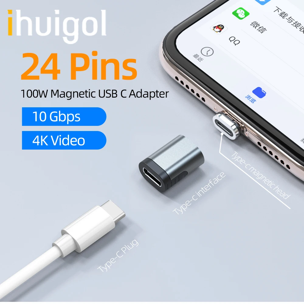 Магнитный адаптер ihuigol 24 контакта Тип C 100 Вт USB 3 1 конвертер 5A PD быстрая зарядка 10