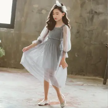 

Elegant Teenage Girls Tulle Brief Dress Big Girls Grey Beige Long Princess Dresses Children Clothes wholesale