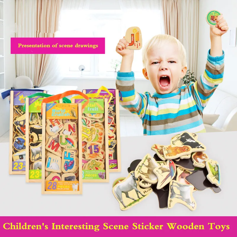

28pc Mixed Cartoon Children's Wooden Toy Sticker Car Animal Scene Double-sided Magnetic Digital Alphabet Cognitive Wood Sticker