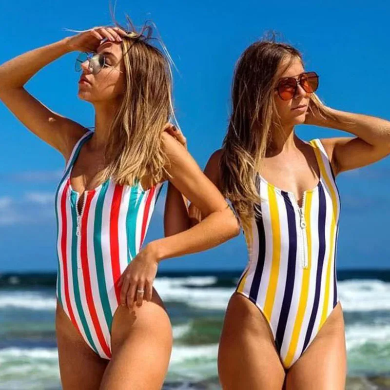 

2020 new one-piece swimsuit with matching color stripe, digital print, pre-zip-up European and American one-piece swimsuit
