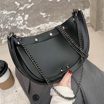 

Half Moon Punk Rivets Shoulder Bag For Women 2020 Fashion Chain Small Handbags Vintage PU Leather Crossbody Bag Branded Designer