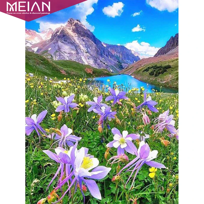 Алмазная вышивка MEIAN Flower and mountain 5D алмазная живопись своими руками мозаика
