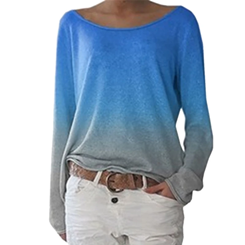 OEAK, градиентные радужные Лоскутные футболки, женские, длинный рукав, повседневные, базовый топ, тройники, лето, осень, размера плюс, женские футболки - Цвет: Blue 1