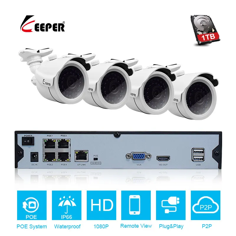Система видеонаблюдения Keeper 4 канала POE 1080P NVR 2 МП наружная IP камера HD