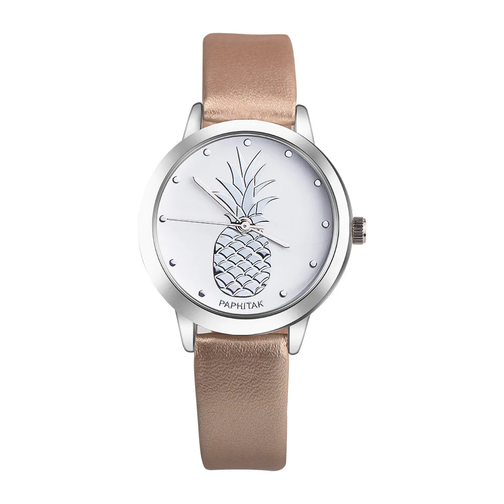 Простые элегантные женские ананас искусственная кожа аналоговые кварцевые часы серые белые женские часы