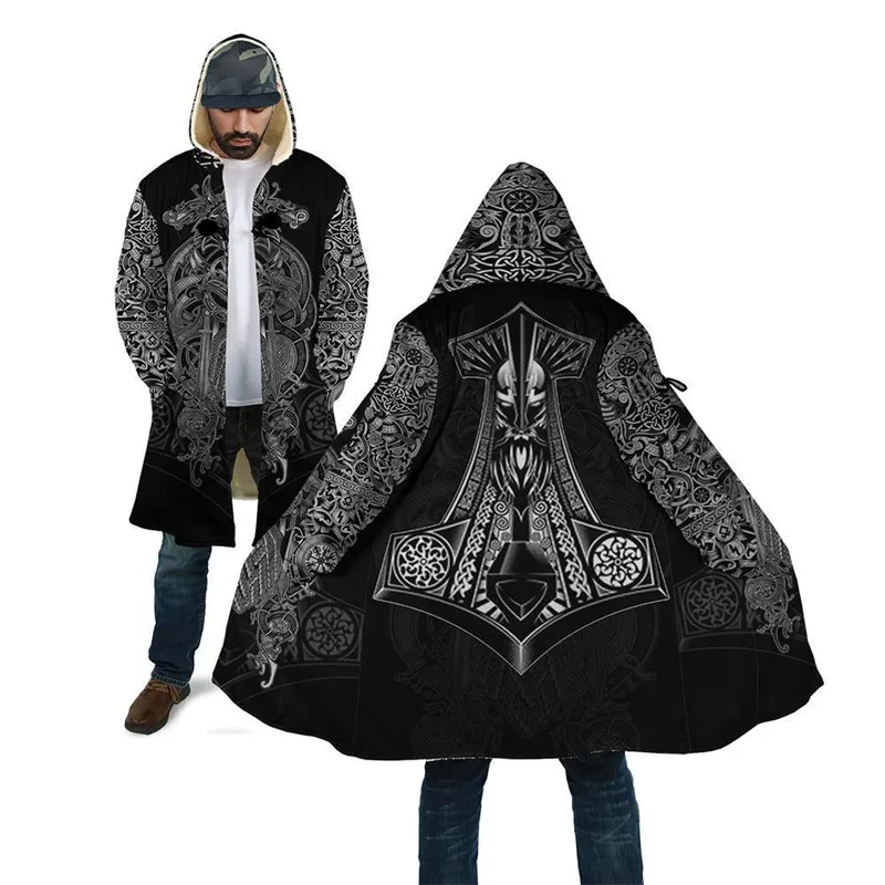 

Winter Mens Viking Style Cloak Odin Tattoo 3D Print Fleece Long sleeve Hooded cloak Unisex Casual Thick Warm cloak coat