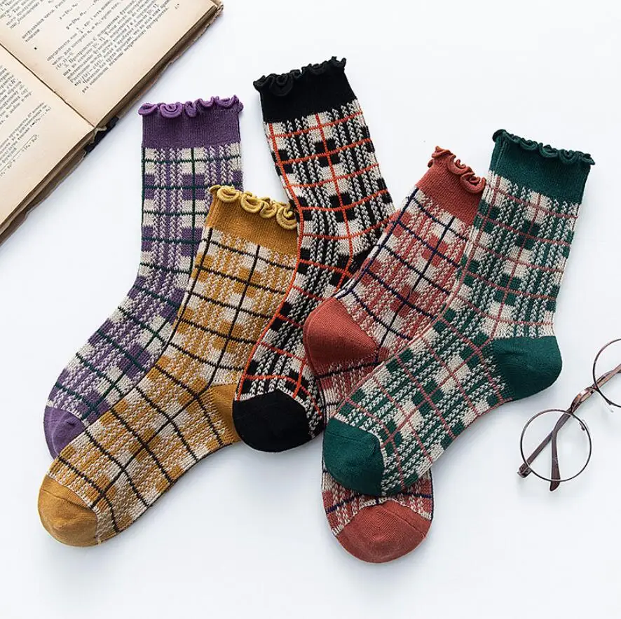 Носки женские осенние и зимние модные в британском стиле ретро с деревянными ушками клетчатые женские хлопчатобумажные носки