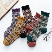 Носки женские осенние и зимние модные в британском стиле ретро с деревянными ушками клетчатые женские хлопчатобумажные носки