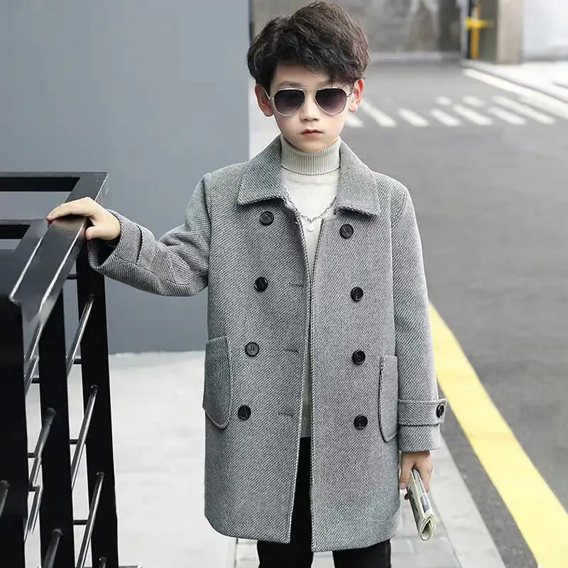 Korean Boys Wool Winter Coat England Style Kids Thick Outerwear Fashion Kids Woolen Long Jackets Children Warm Coats