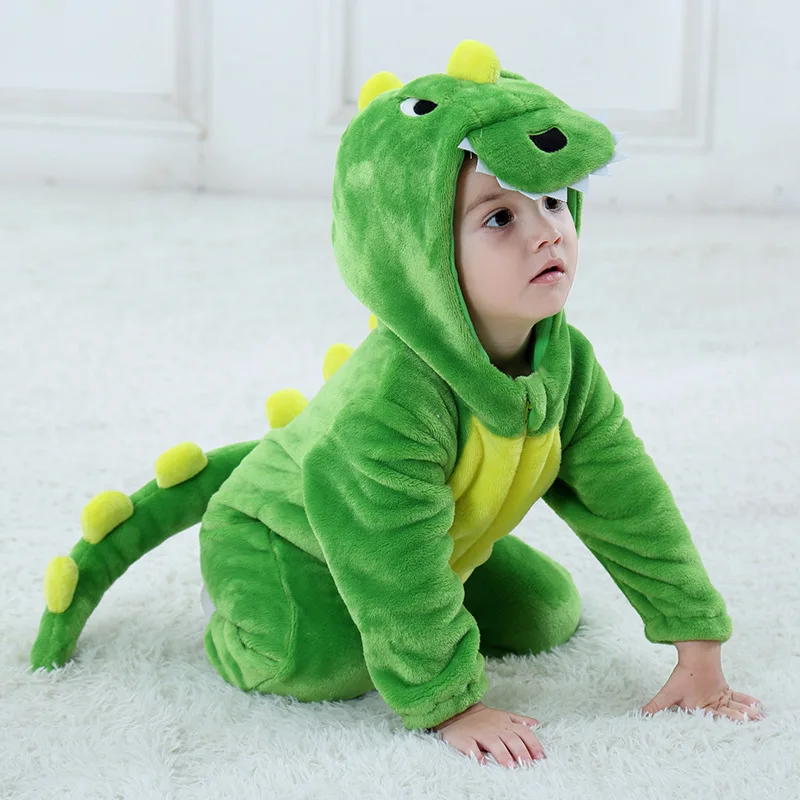 Одежда для маленьких мальчиков зимние комбинезоны с зеленым динозавром, комбинезон на Хэллоуин, милый комбинезон с капюшоном с животными, костюм macacao Bebe Inviernos