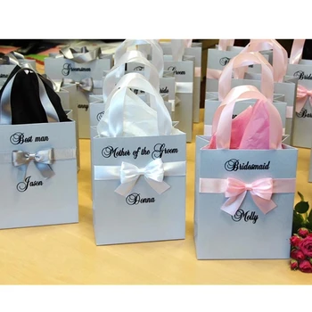 

Personalized Bridesmaids Bags Bridal Party favors Silver and Pink Gifts Bag with satin ribbon, elegant bow and your namesnames