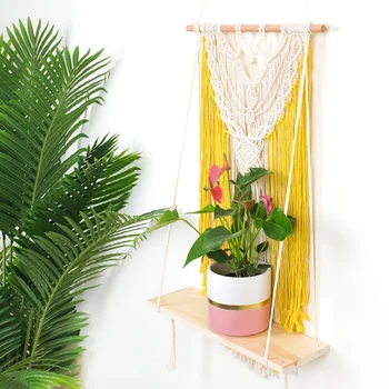 

Handmade Wooden Shelf Boho Plants Shelf Storage Holder Home Wall Decor Cotton Rope Woven Tapestry Storage Rack Wall Hanging