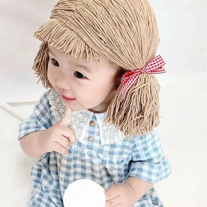 Cute Kids Girl Hat Beanie Hair Pigtail Wig Cap Handmade Woolen