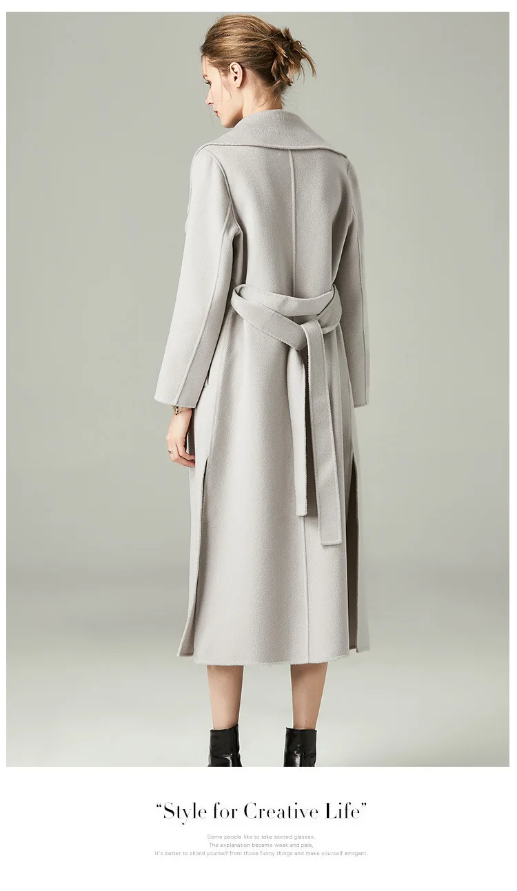 Женское Новое Стильное длинное тонкое шерстяное пальто, женская двухсторонняя высококачественная одежда, модное женское кашемировое пальто выше колена ручной работы