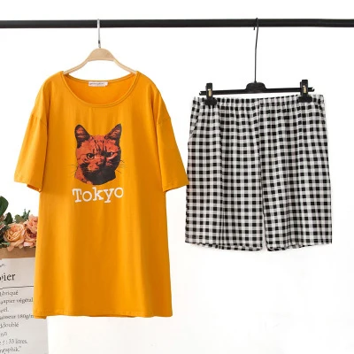 5XL 6XL пижамный комплект размера плюс Для женщин, одежда для сна, клетчатые шорты+ футболка, набор детской одежды-рубашка Tokyo стильная пижамы Для женщин Ночной костюм; Ночная одежда Пижама Mujer - Цвет: Cat