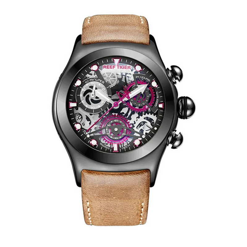Мужские спортивные наручные часы, мужские кварцевые наручные часы Reef Tiger, светящиеся водонепроницаемые часы с хронографом, кожаный ремешок, reloj hombre RGA792 - Цвет: men watch p2