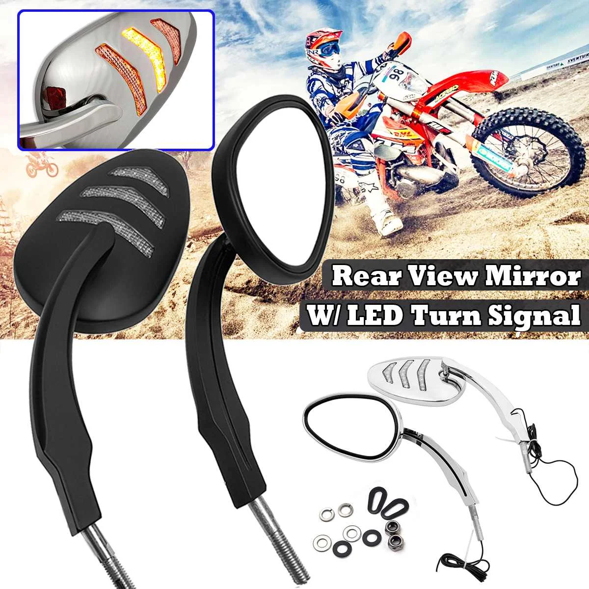  2pcs Motorcycle Rearview Side Mirror with Led Turn Signal Light Universal Metal Rear view Mirrors B - 4000156062820