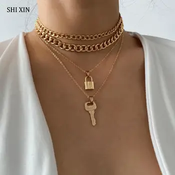 

SHIXIN Hiphop Key/Lock Necklace for Women Punk Chunky Layered Chain Padlock Pendant Necklace 2020 Statement Fashion Jewelry Gift