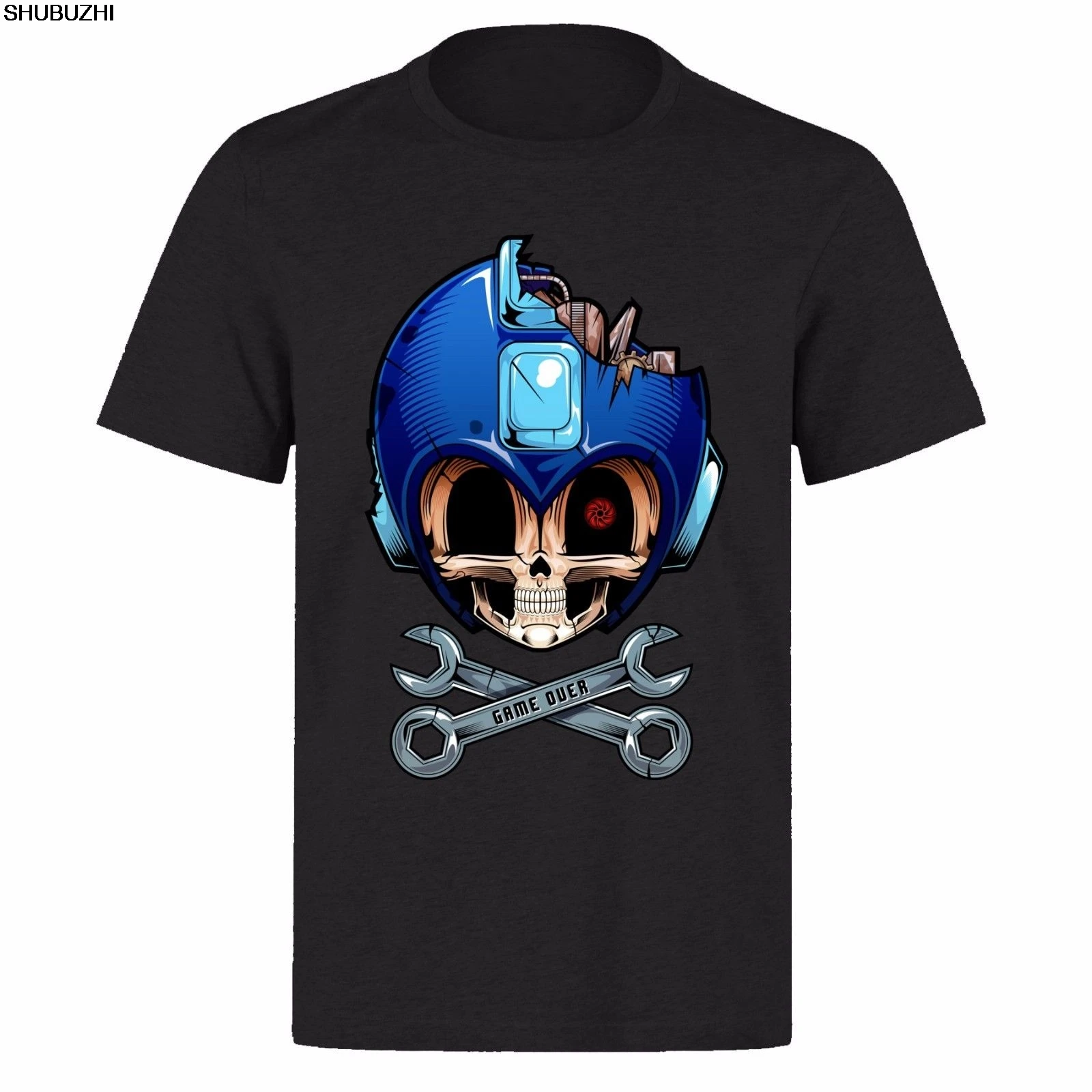 Футболка MEGAMAN BLUE SKULL FACE GAME OVER унисекс черная классическая футболка для геймера