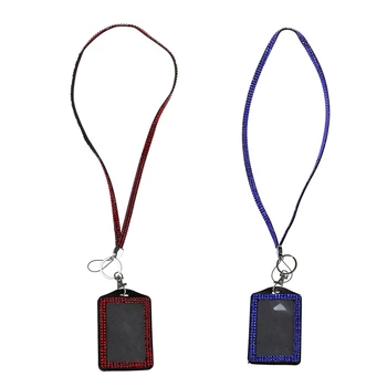 

2 Pcs Rhinestone Bling Crystal Custom Lanyard Vertical ID Badge Holder (Red&Dark Blue)