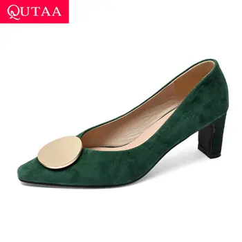 

QUTAA 2020 Kid Suede Shallow Pointed Toe Elegant Ladies Pumps Fashion Square High Heel Slip on Women Single Shoes Big Size 34-43