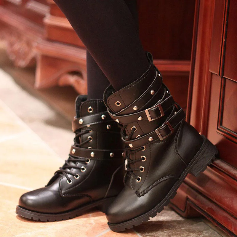 Botas de media caña de cuero para mujer, cinturones Encaje Vintage, botas  de moto estilo gótico Punk, botas de combate negras para Otoño e Invierno -  AliExpress Calzado