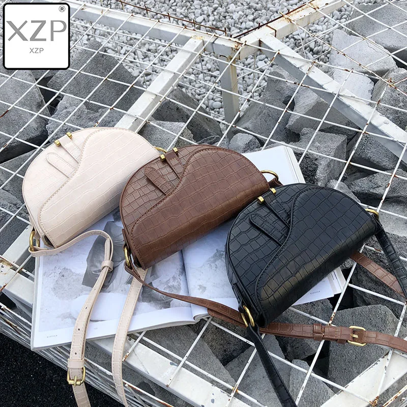 

XZP Trendy Alligator Leather Saddle Bag Women Luxury Shoulder Bags Small Round Handbag Spring Summer Crossbody Messenger Bags