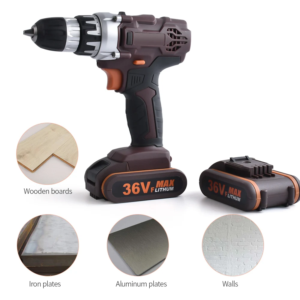 

36V Double Speed Cordless Rechargeable Electric Drill Lithium Battery Powered Electric Hand Drill with 2pcs Batteries