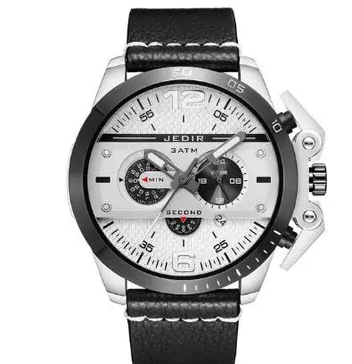 Large Dial Personality Men's Quartz Chronograph Watches Blue Leather Strap Fashion Sports Watches Male Clock Relogio Masculino - Color: White