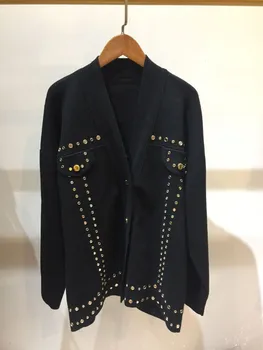 

French Women Loose Cardigan Coat Double Pocket Single Breasted Jacket Cute Sweet Girl Casual Long Knitted Cardigan Black Top