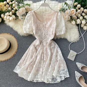 

Summer Women Lace Dress Fashion Ladies Fairy Dress Preppy Sweet Lace Short Puff Sleeve Crochet A-line Mini Pullover Dress