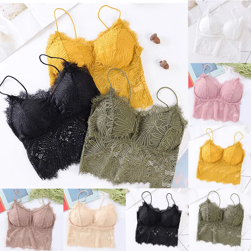 2021 Female Summer Crop Tank Top Women Fashion Deep V Lace Bras Embroidery Floral Tank Top Bra Wrapped Chest Camisole Padded Bra camisole bra