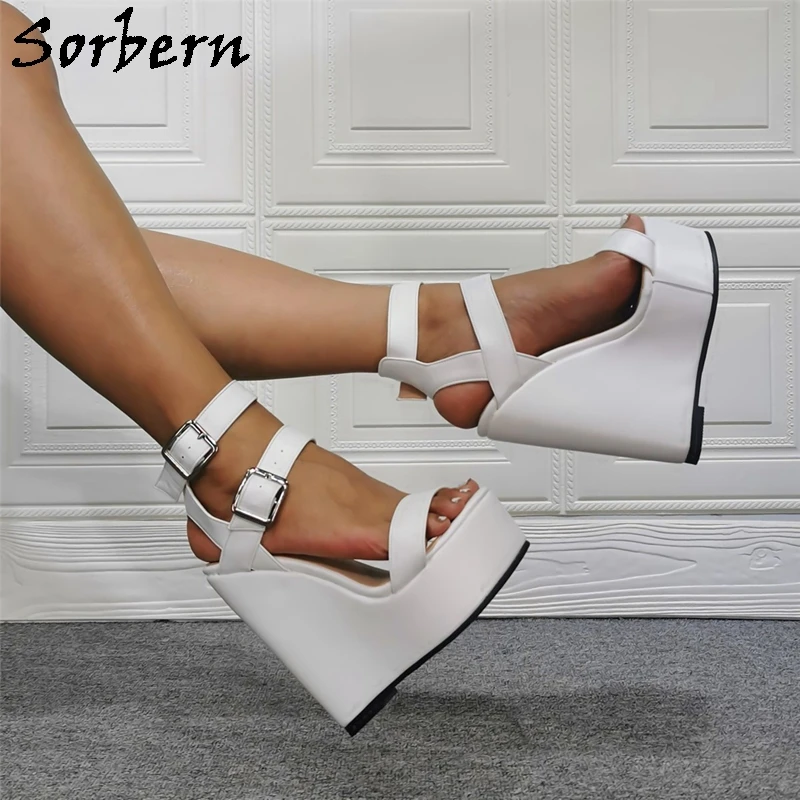 Sorbern Comfortable White Women Sandals Wedge High Heel Slingback Ankle Straps Summer Style Plus Size Women Heels 44 45 46