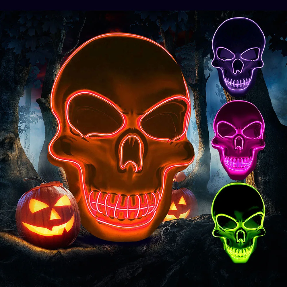LED Glowing Halloween Mask Fluorescent Mask Party Scary Mask Funny Mask Role-Playing Costume Props Prom Mask Skull Mask