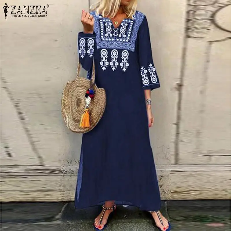 ZANZEA женское длинное платье Осень Лето Винтаж макси Vestidos богемный цветочный принт с разрезом плюс размер туника 3/4 рукав v-образный вырез