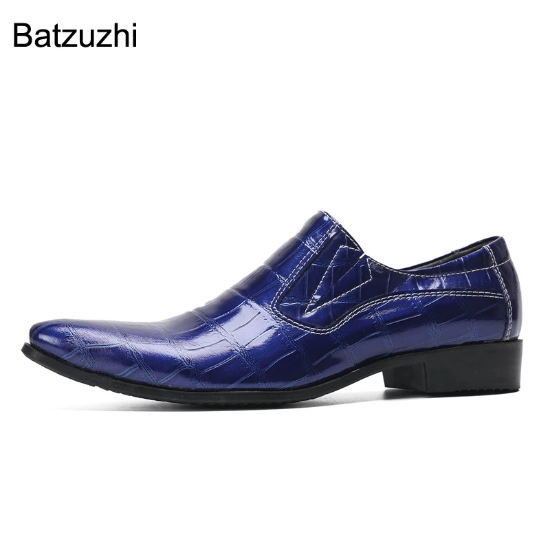Batzuzhi Pointed Toe Formal Business Leather Dress Shoes Men Handmade Men's Shoes Blue Leather Dress Shoes for Men Slip on!