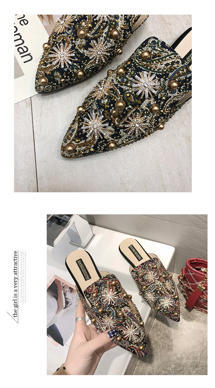 Весенние женские тапочки с кристаллами и бриллиантами; тапочки на плоской подошве; обувь с вышивкой и заклепками; тапочки в национальном стиле