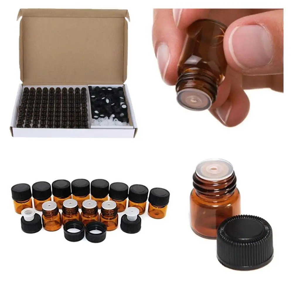 100Pcs 1ml 2ml 3ml Amber Glass Vials, Mini Essential Oil Bottles with Orifice Reducer & Black Plastic Cap контейнер