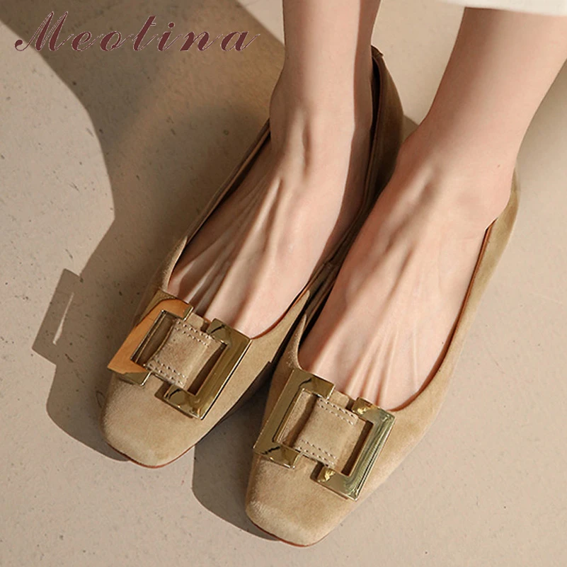 

Meotina Women Boats Shoes Genuine Leather Flat Shoes Square Toe Metal Decoration Ladies Footwear Spring Autumn Apricot Kid Suede