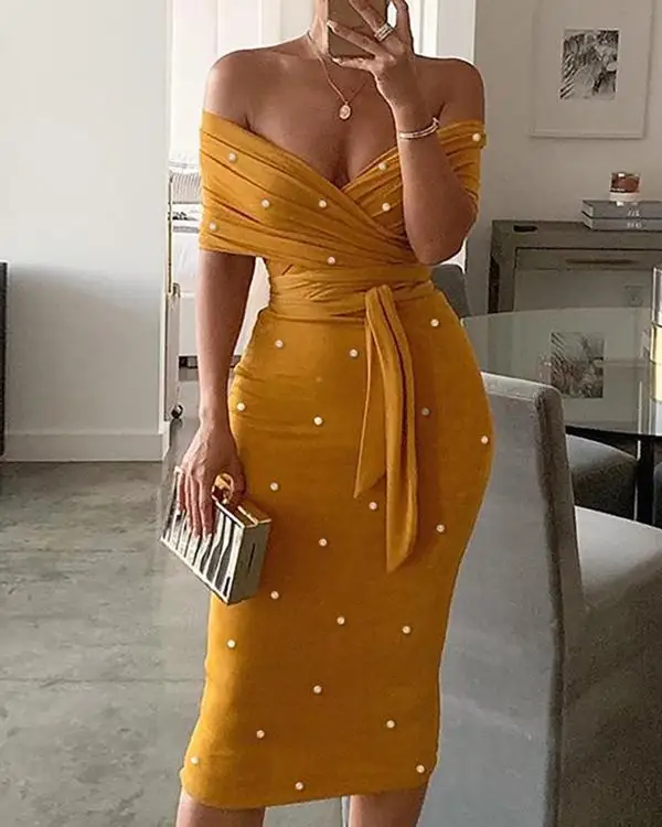 

Beaded Off Shoulder Bodycon Dress High Waist Belted Wrap Bandage Evening Party Dress