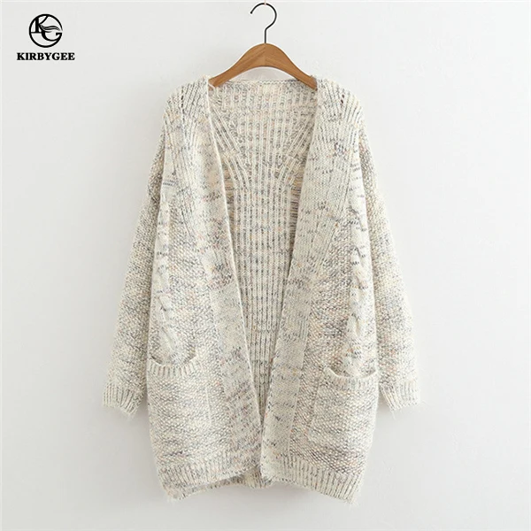 Длинный вязаный розовый кардиган с открытой передней частью, женский свободный вязаный свитер с длинными рукавами, Осень-зима, большие размеры, кардиган - Цвет: White Sweater
