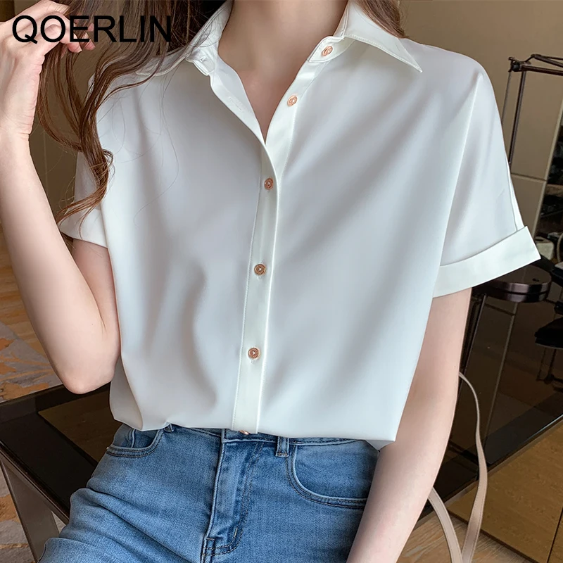 QOERLIN Formal OL Style Women's Shirts for Summer  Chic Elegant Buttons White Tops Shirts S--2XL Short Sleeve Blouse