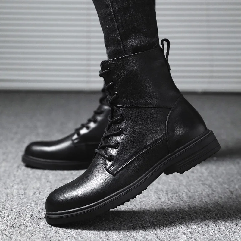 Зимние черные мужские кожаные ботинки; botas hombre Boot Masculina Coturno Botines Botina; высокие ботинки; Прямая поставка