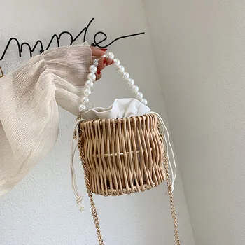 

Brand Original Design Summer 2020 New Straw Bag Pearl Portable Bucket Bag Chain Shoulder Slung Beach Bag