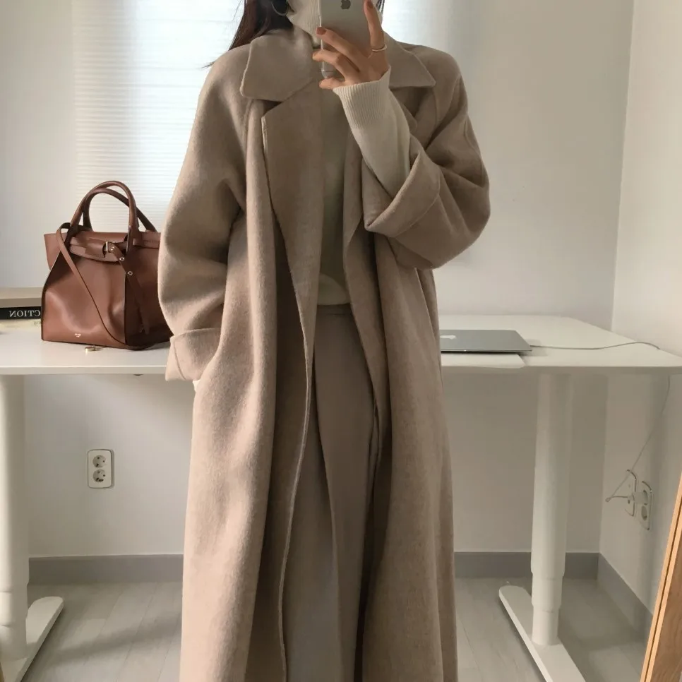 Women's Jacket 2021 Autumn and Winter Long Wool Coat with Belt Solid Color Long-Sleeved Chic Slim Down Shoulder Coat long puffer jacket