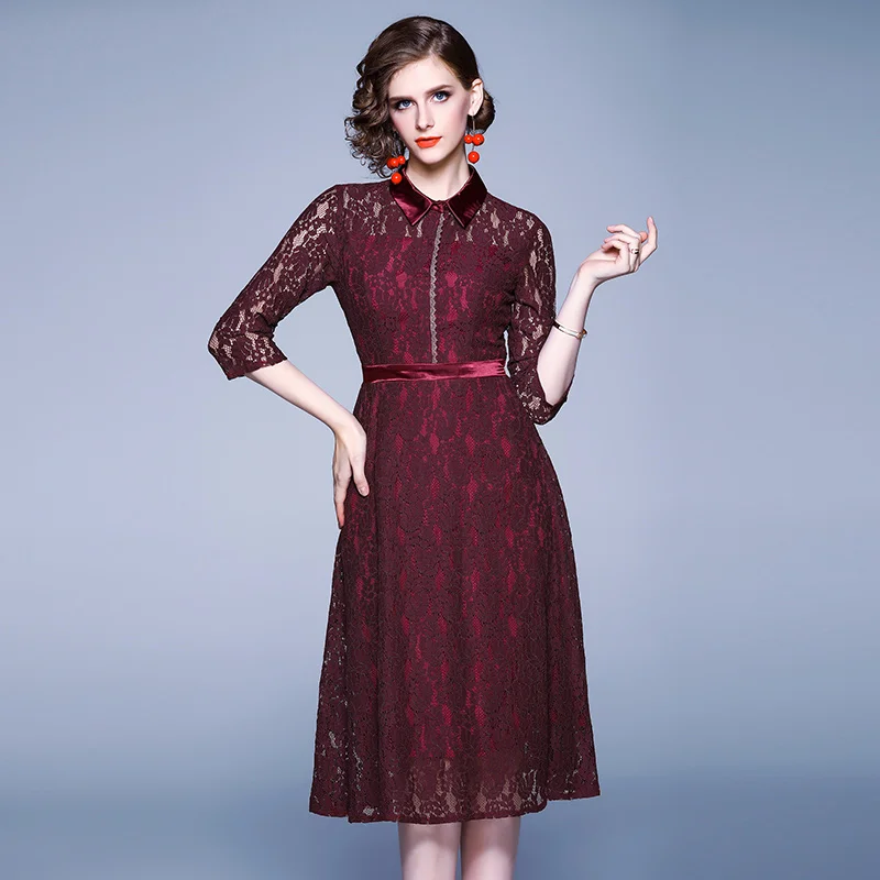 Новое Осеннее Красное Кружевное рождественское платье средней длины Vestidos Invierno