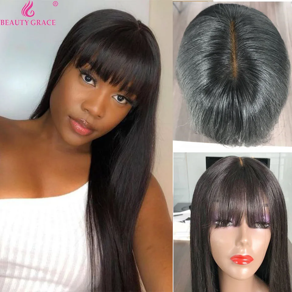 

wholesale wigs brazilian Straight human hair wigs for women fake scalp wig silk base Cap Lace Human Hair wig with bangs Non-Remy