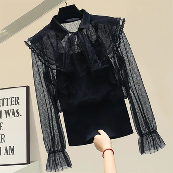 

Vintage Slim Chiffon Shirt Women's Spring Summer New Perspective Long Sleeve Black Blouse Girls Pullover Shirts Female Slim Tops