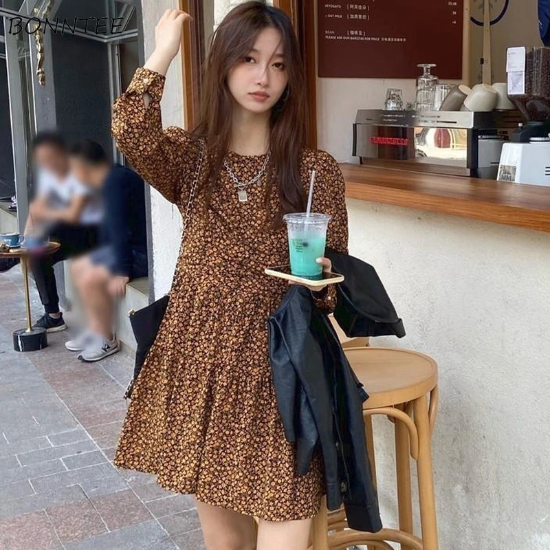 Dress Women Long Sleeve Floral Elegant Ulzzang Sweet Loose Fashion Holiday Ladies Spring Folds Leisure Soft Simple New Popular long dress