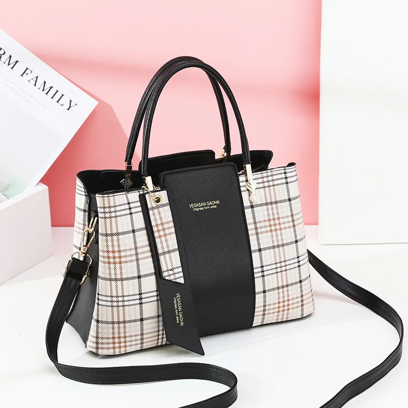 Handbags 2020 New Style Plaid Fashion Stitching Handbag Large Capacity Allmatch Bronze ShoulderCrossbody Bag